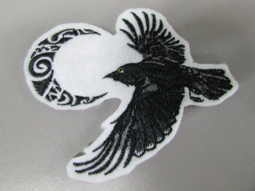 Raven and Moon Embroidered Sew on Applique Patch
