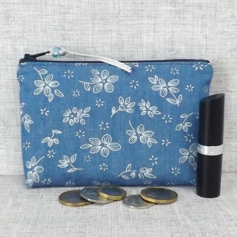 Coin purse, make up bag, floral denim