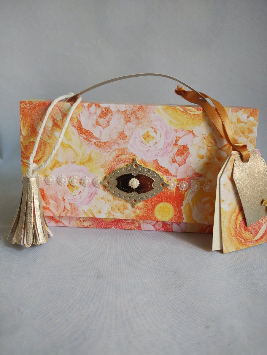 Handbag Style Gift Box - Orange, Yellow and Pink Blooms with Golden Highlights 