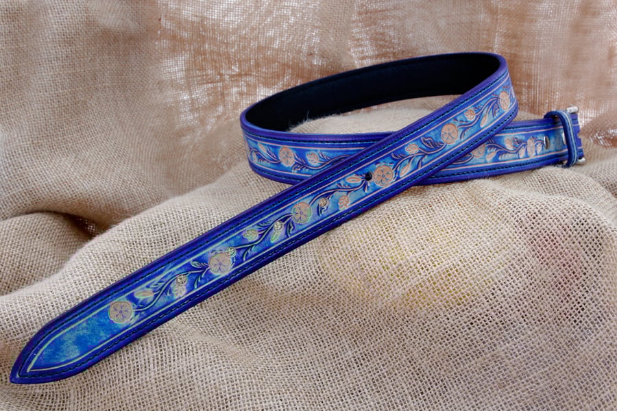 Handmade Blue Floral Leather Belt with Silver Coloured Buckle
