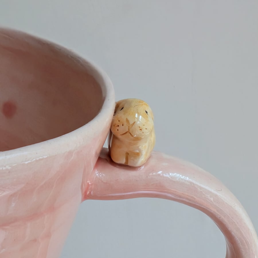 Small Handmade Bunny Cup with Pink translucent Glaze, Tiny Rabbit & Pawprints