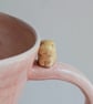 Small Handmade Bunny Cup with Pink translucent Glaze, Tiny Rabbit & Pawprints