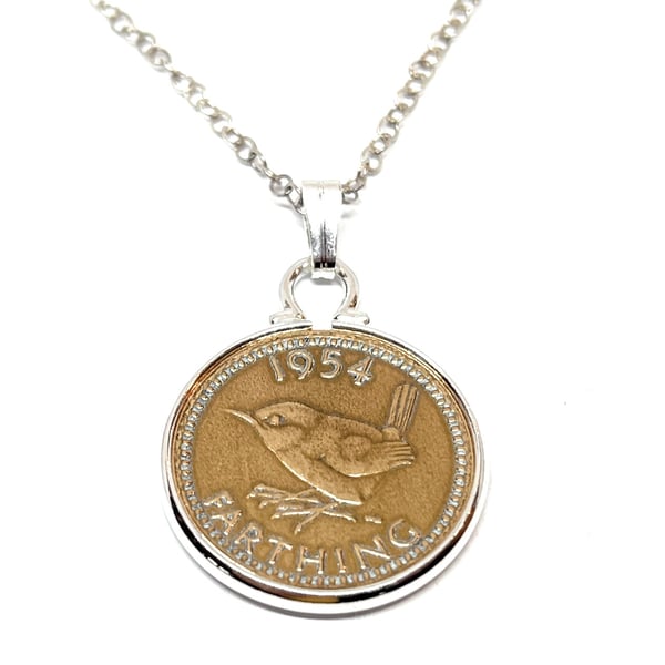1954 70th Birthday Anniversary Farthing coin in a Silver Plated Pendant mount