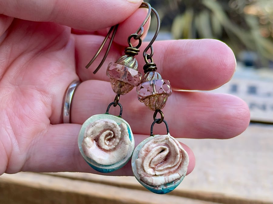 Handmade Ceramic Rose Earrings. Rustic Floral Earrings. One of a Kind Jewellery