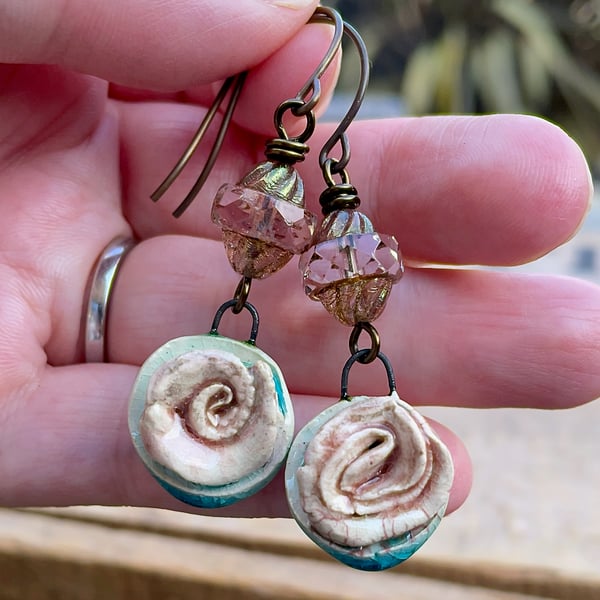 Handmade Ceramic Rose Earrings. Rustic Floral Earrings. One of a Kind Jewellery