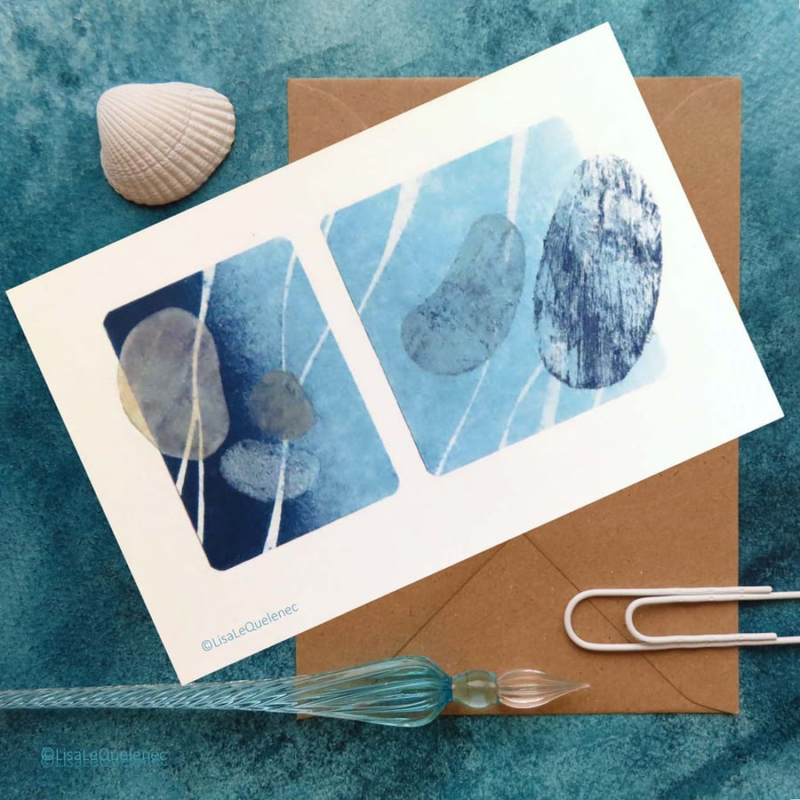 Blank greeting card zen pebbles and flowing water abstract art plastic free