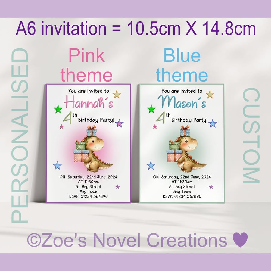 Personalised Dinosaur Party Invites X10, Postcard style A6 size 10.5cm X 14.8cm 