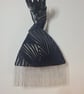 Navy Chenille Art Deco fabric Japanese Knot bag with 9cm silver grey tassel trim - Image 2