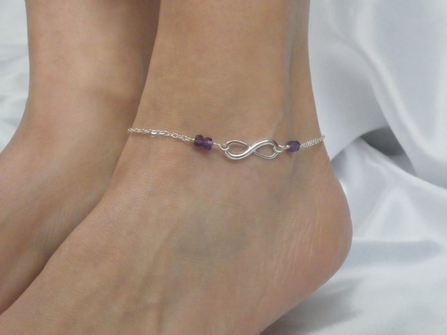 Silver infinity amethyst gemstone ankle bracelet