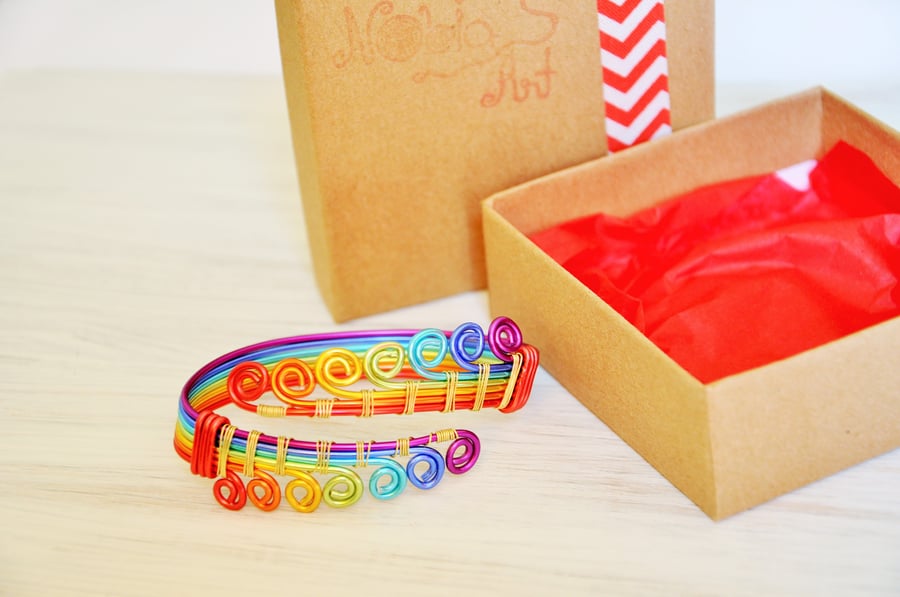 Wire wrapped bracelet, Rainbow bracelet, Adjustable cuff, Arm cuff, LBGT pride 