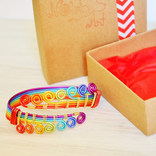 Wire wrapped bracelet, Rainbow bracelet, Adjustable cuff, Arm cuff, LBGT pride 