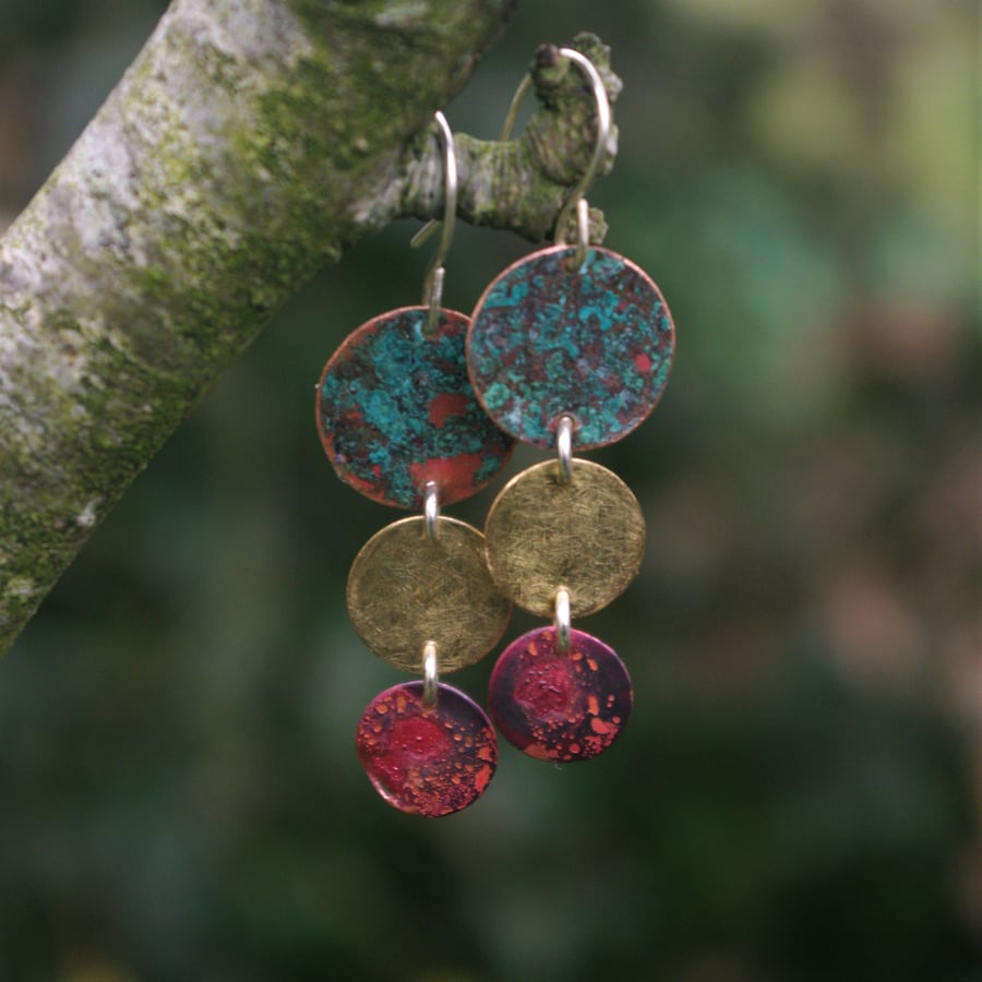 Verdigris, Copper and Brass Textured Dangle Earrings