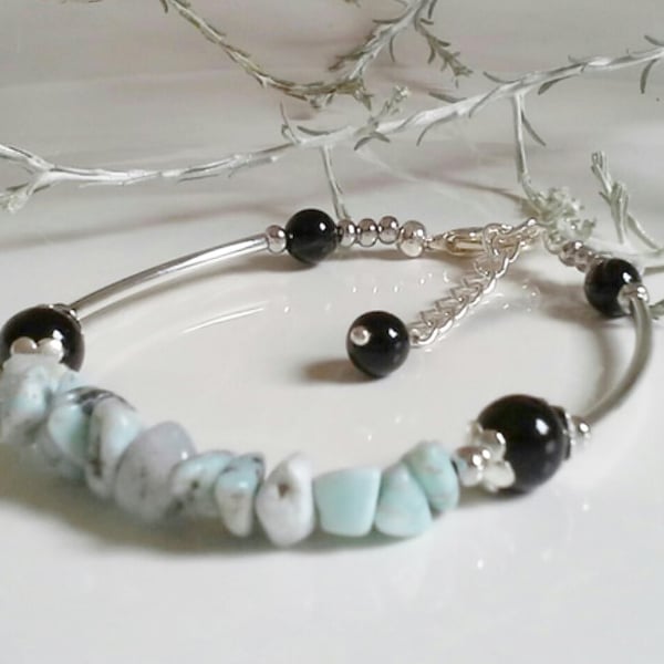 Natural Larimar & Black Agate Bangle Bracelet