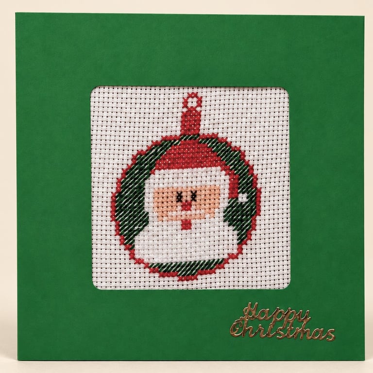 Handmade Cross Stitch Santa in Bauble Christmas Card – Green – 5 x 5 Inch
