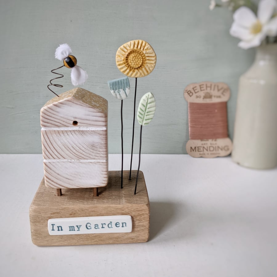 Wooden Beehive With Clay Flowers and Bee 'In my Garden'