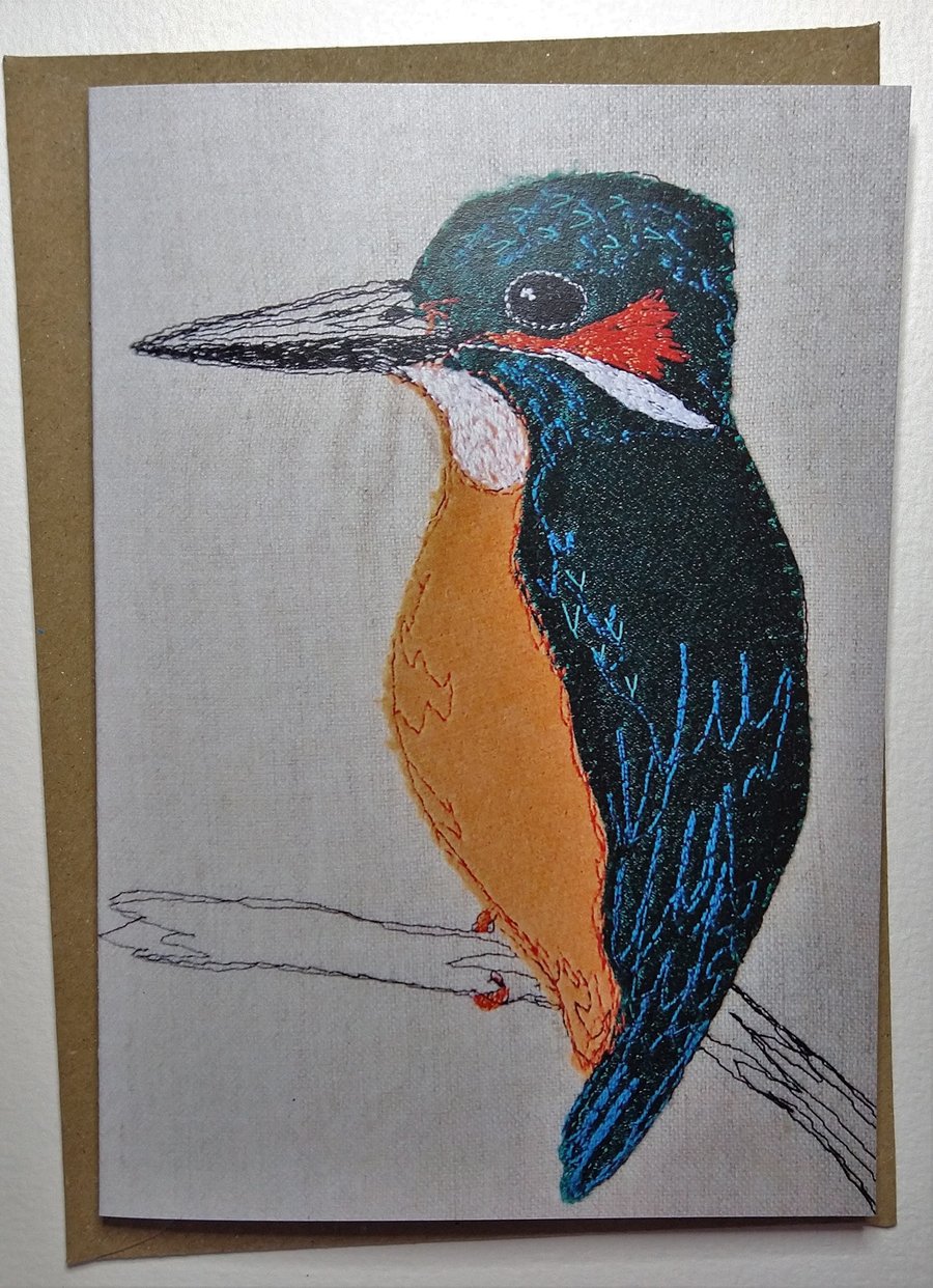 Kingfisher Embroidered Portrait Greetings Card