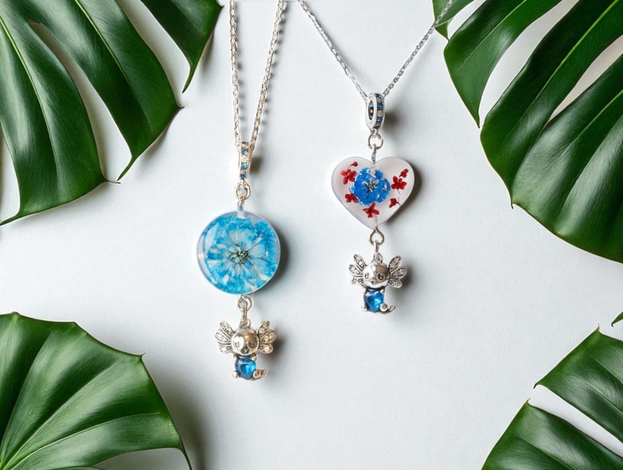 Axolotl necklace silver 925 with presed flowers Girl gift Kawaii resin jewellery