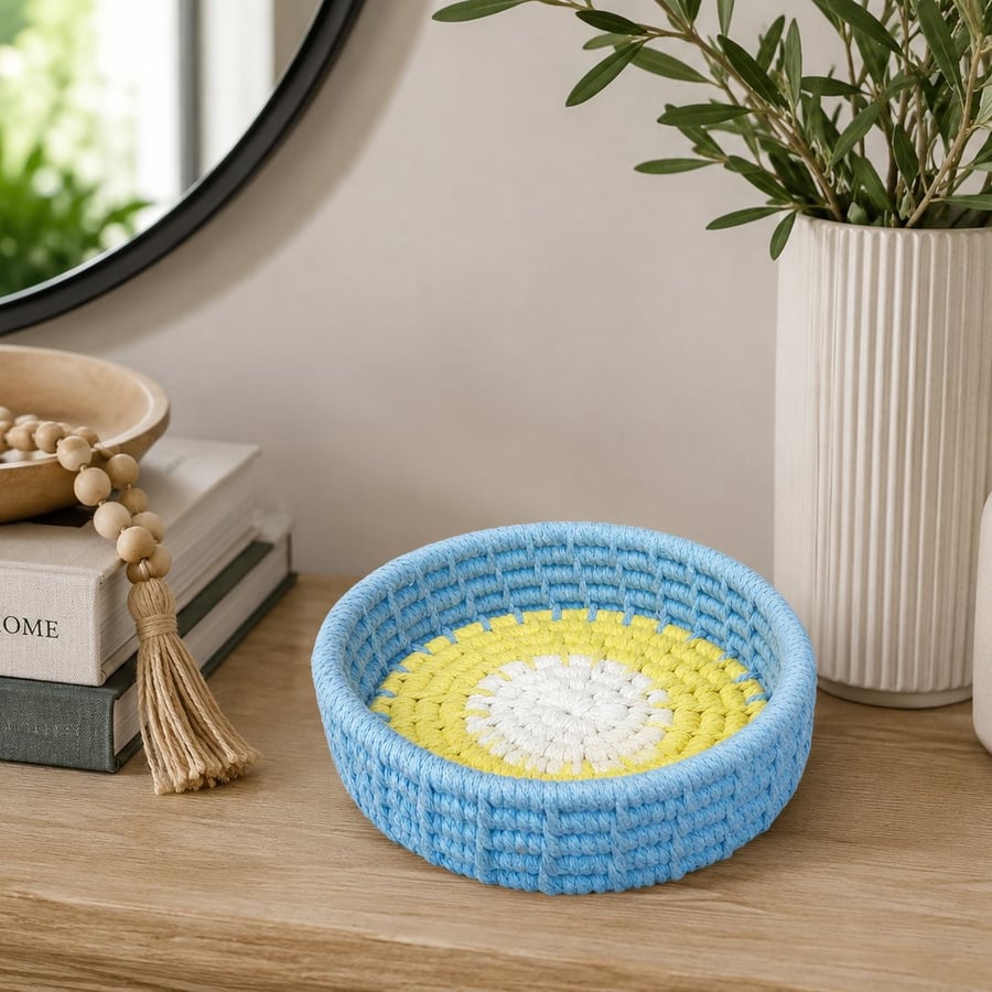 Handmade Coiled Cotton Rope Basket - Blue & Yellow Trinket Tray