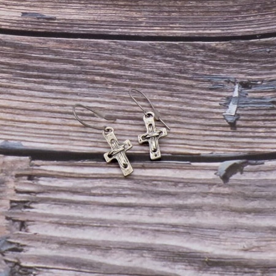 Rustic Antiqued Silver Cross Earrings Handmade Titanium Ear Wires