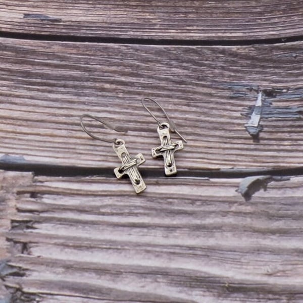 Rustic Antiqued Silver Cross Earrings Handmade Titanium Ear Wires