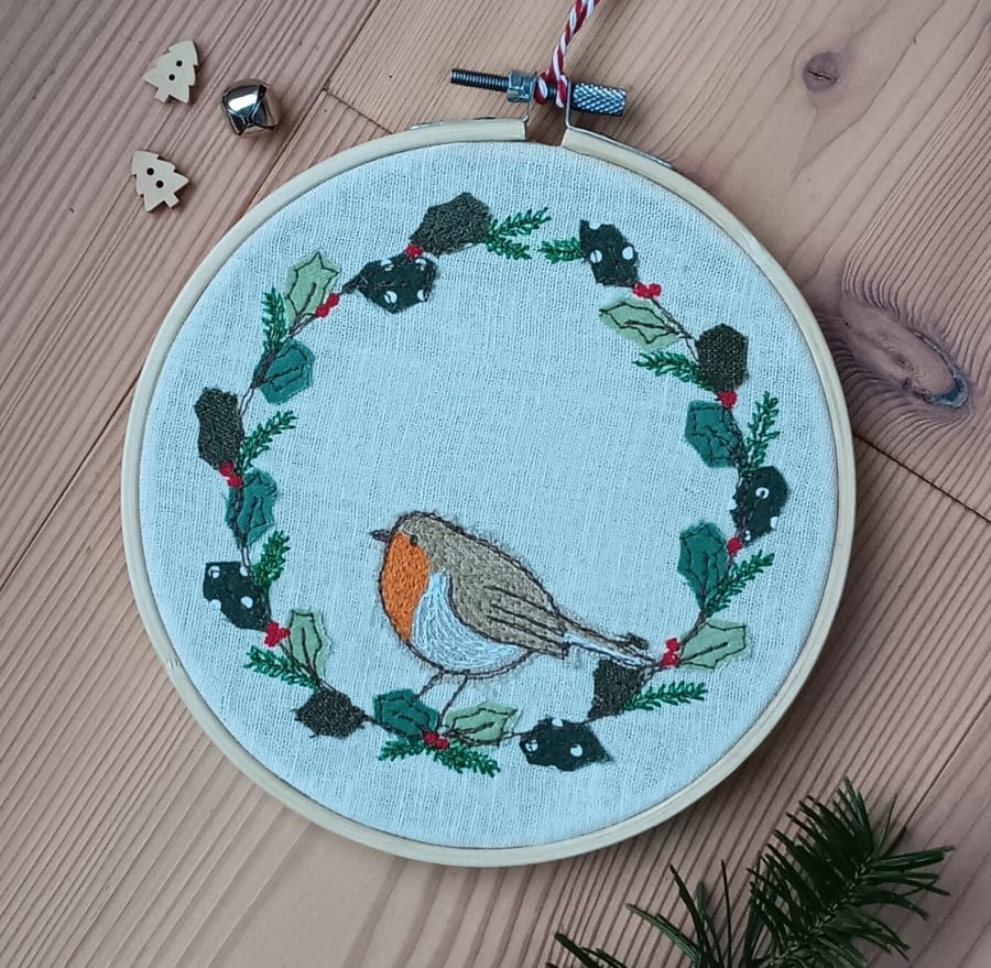 Christmas Robin and Holly Embroidered Hoop Decoration 