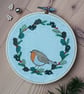 Christmas Robin and Holly Embroidered Hoop Decoration 