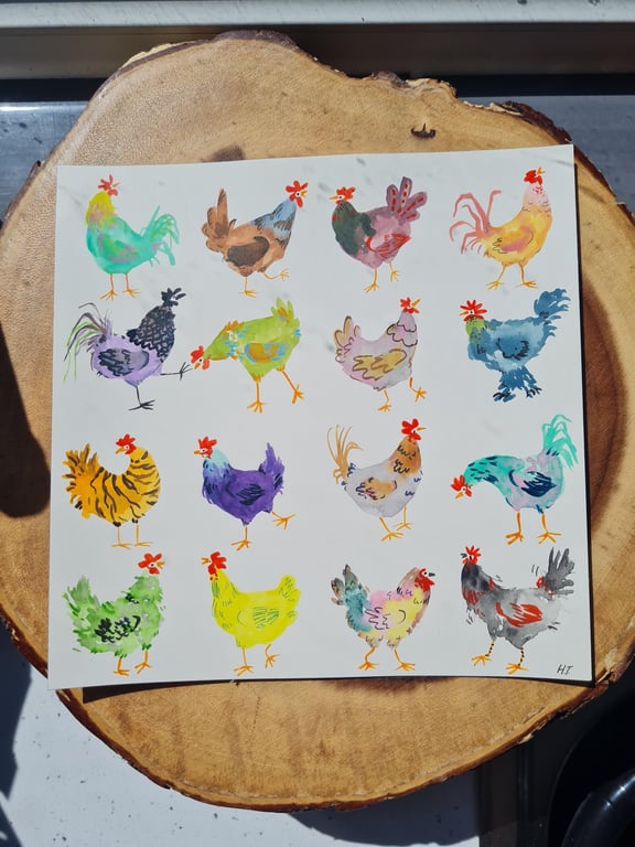 Whimsical Chickens, Hand-Painted original artwork