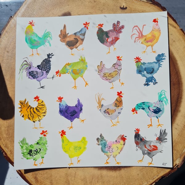 Whimsical Chickens, Hand-Painted original artwork