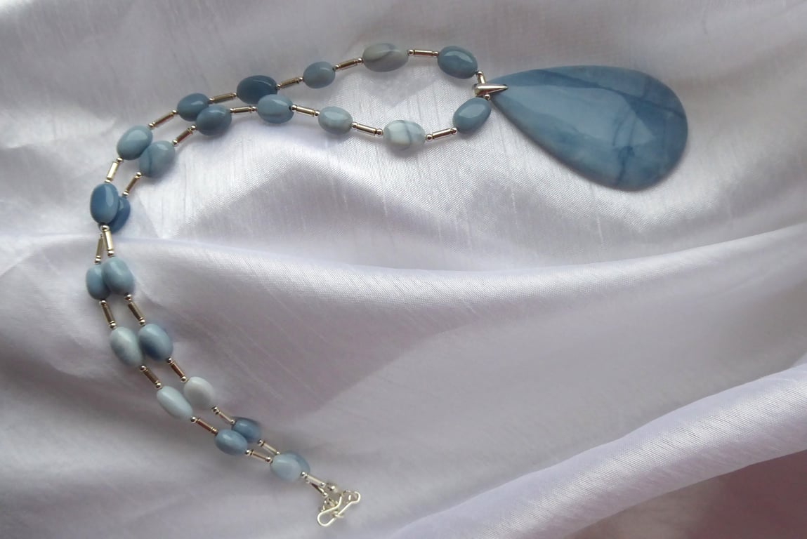Blue Opal & Sterling Silver Beaded Necklace 18.75" long with 2" Teardrop Pendant