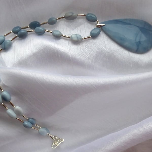 Blue Opal & Sterling Silver Beaded Necklace 18.75" long with 2" Teardrop Pendant