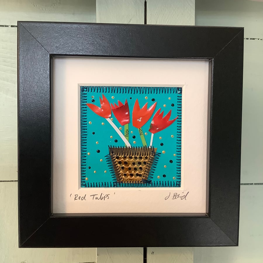 Red tulips. Mixed media art. Mother’s Day, flowers. Spring. Quirky. Recycled