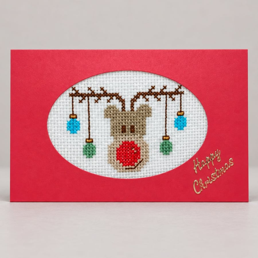 Image of Handmade Cross Stitch Rudolph Reindeer Christmas Card – 6 x 4 Inch