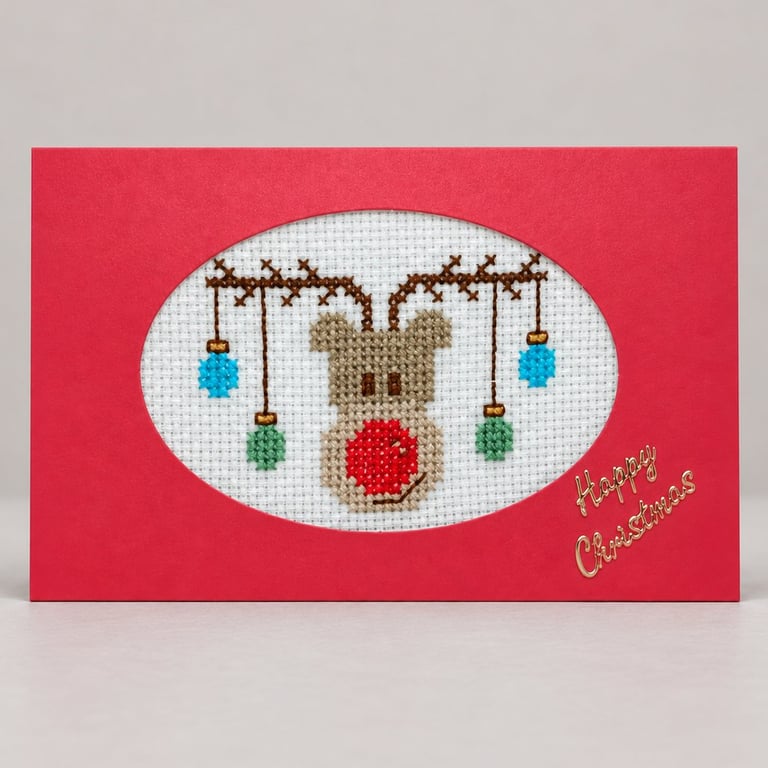 Handmade Cross Stitch Rudolph Reindeer Christmas Card – 6 x 4 Inch
