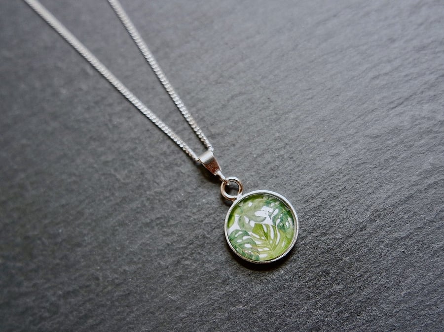 Sterling Silver Necklace - green Monstera Leaves