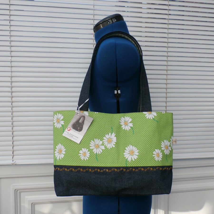 Apple Green Polka Dot Daisy and Denim Tote Bag 