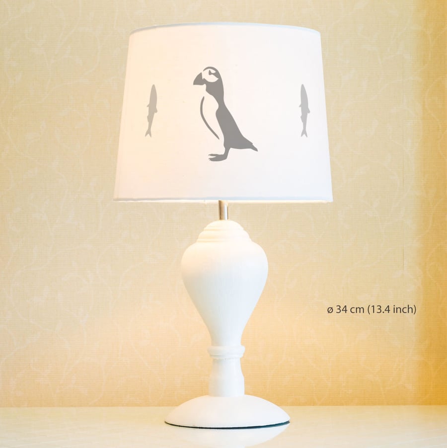 Puffin Lampshade. Diameter 34cm (13.4in). Hand-painted