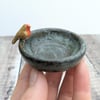 Small ceramic ring dish with mini robin and blue brown glaze