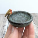 Small ceramic ring dish with mini robin and blue brown glaze