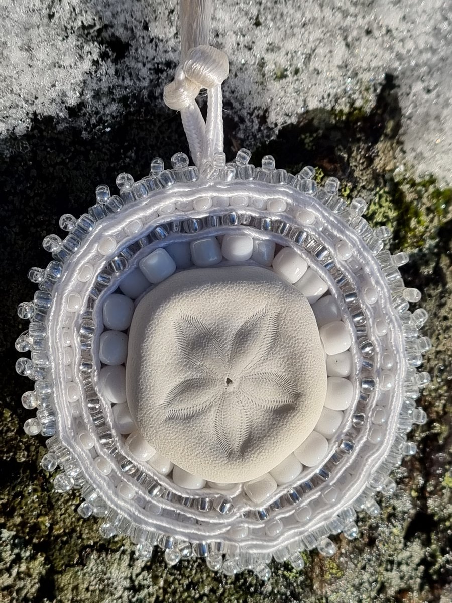 White Sand Dollar – Handmade Sea Talisman with Beads & Soutache