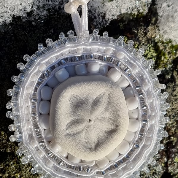 White Sand Dollar – Handmade Sea Talisman with Beads & Soutache