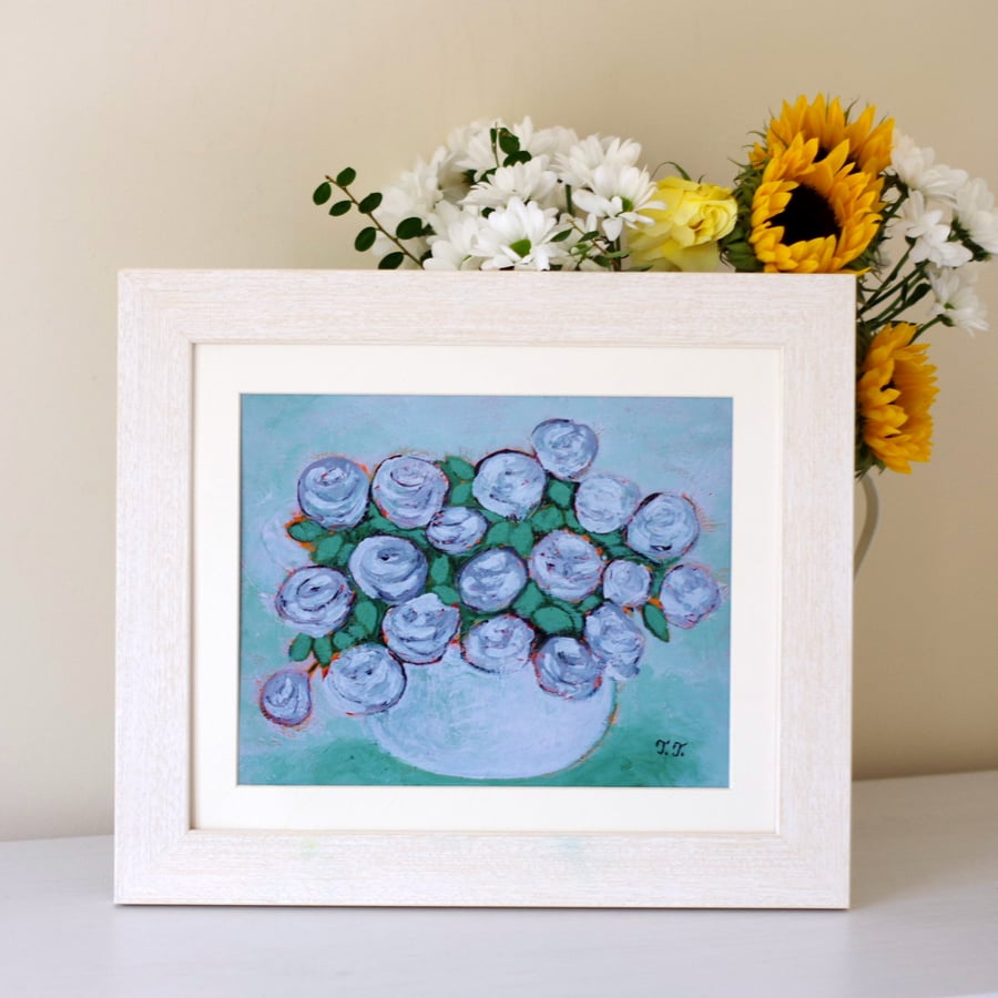 One Off Floral Art Print After Original Green Painting with Roses