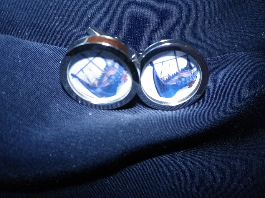 Viking Longboat cufflinks, free shipping, gift wrapped, dramatic image, Ref 0972