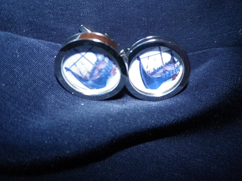 Viking Longboat cufflinks, free shipping, gift wrapped, dramatic image, Ref 0972