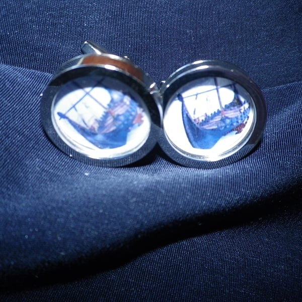 Viking Longboat cufflinks, free shipping, gift wrapped, dramatic image, Ref 0972