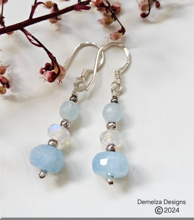Aquamarine & Moonstone Hand Made Sterling Silver Earrings 