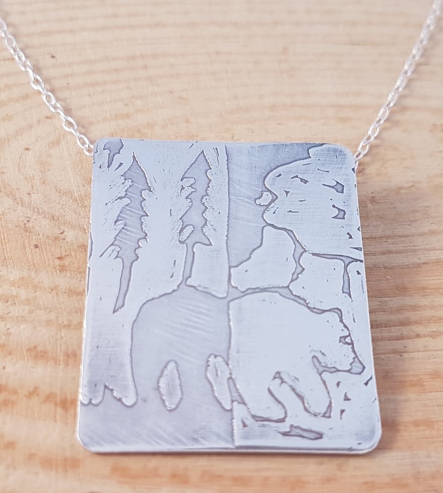 Sterling Silver Etched Polar and Grizzly Bear Necklace