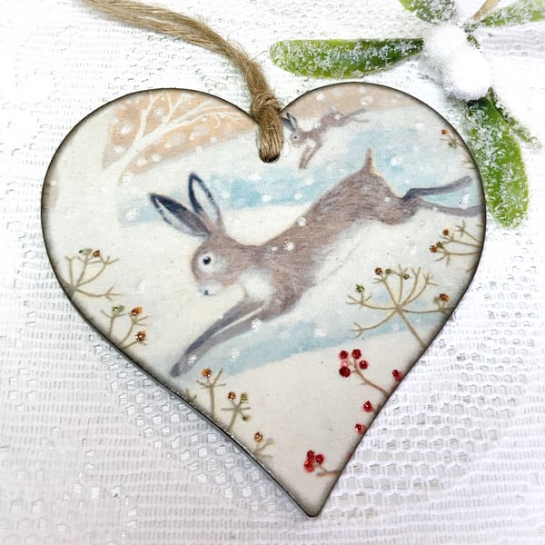 Leaping Hares Christmas Decoration, Winter Hare Ornament