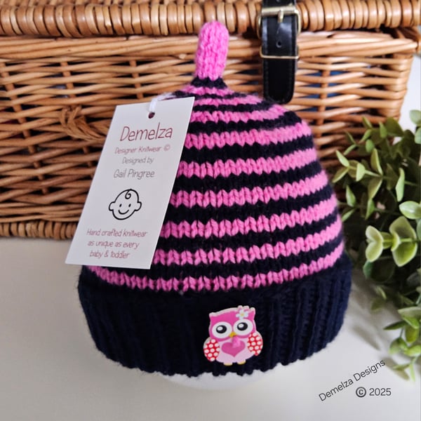 Designer Hand Knitted Baby Girl's  Owl Pixie Beanie Hat  3-9 months size 