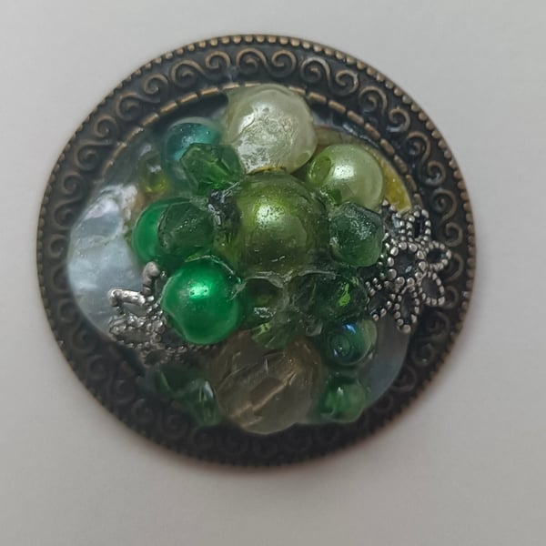 Bejewelled Brooch with Recycled Beads in Gorgeous Greens