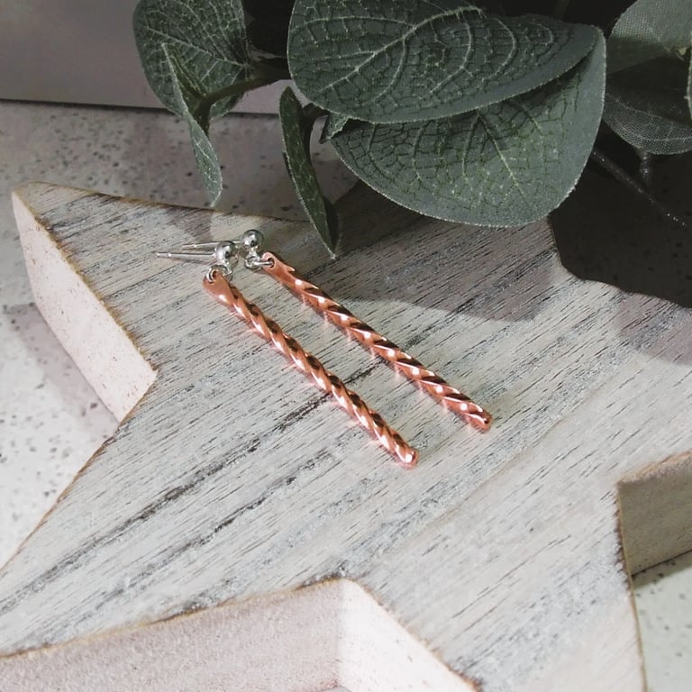 Earrings, Copper and Sterling Silver Spiral Twist Droppers with Stud Fitting